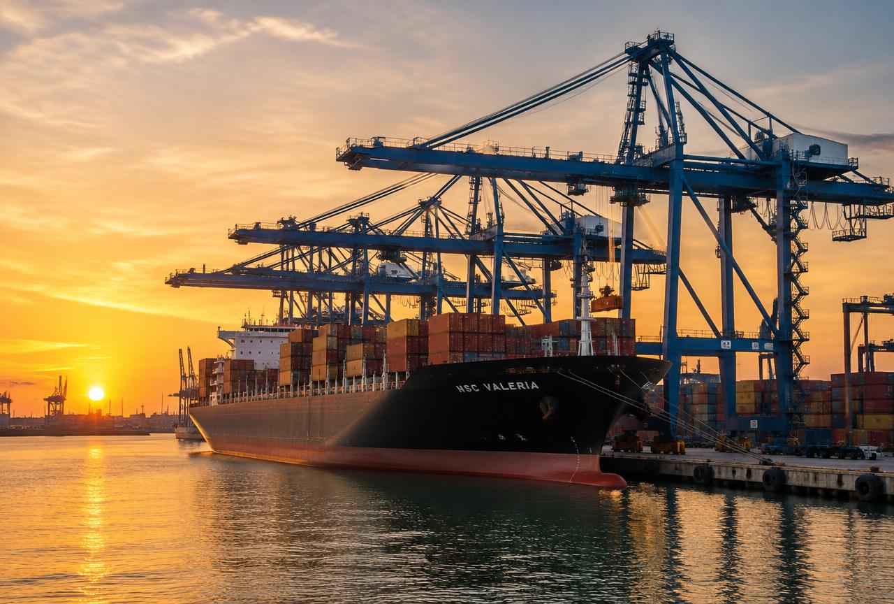 Buque portacontenedores cargado por grúas en un puerto al atardecer