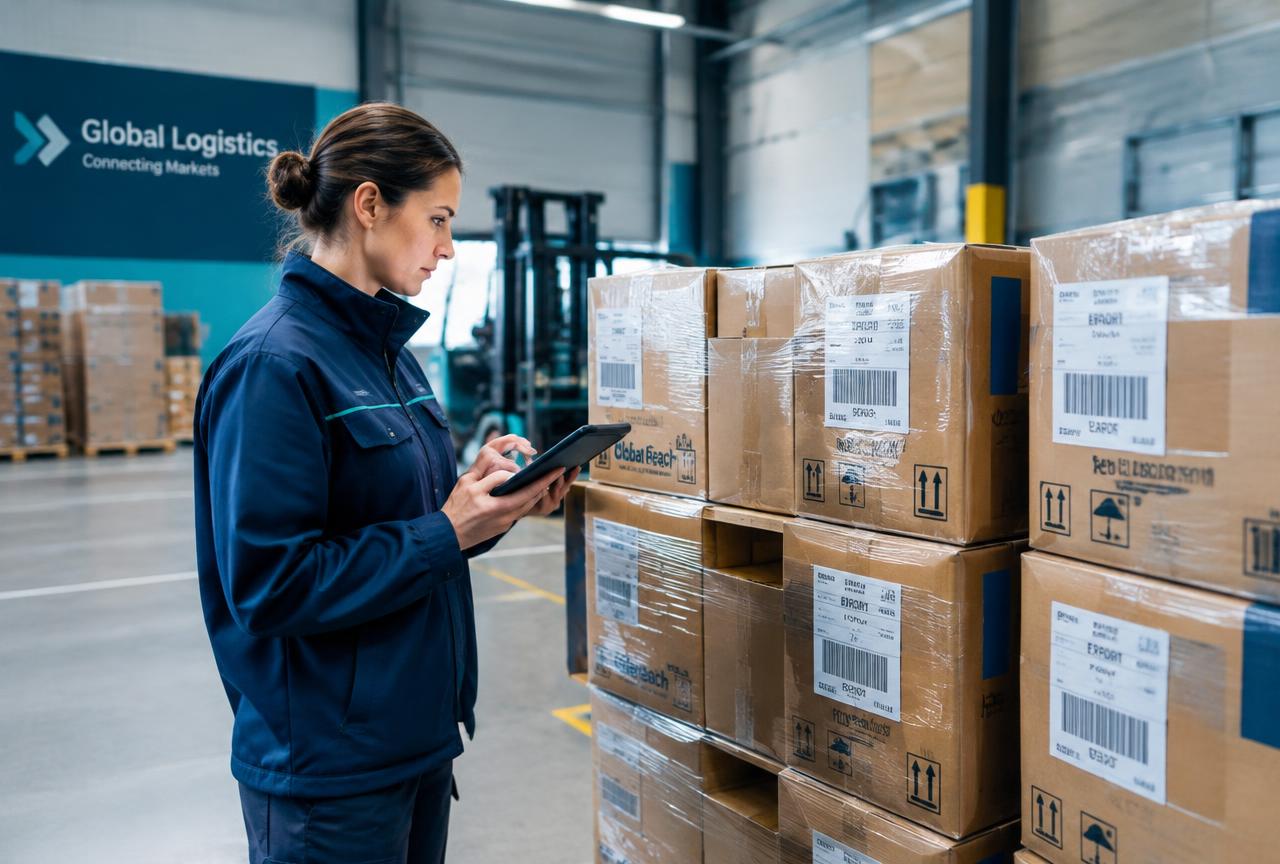 Profesional inspeccionando cajas de exportación etiquetadas en un almacén
