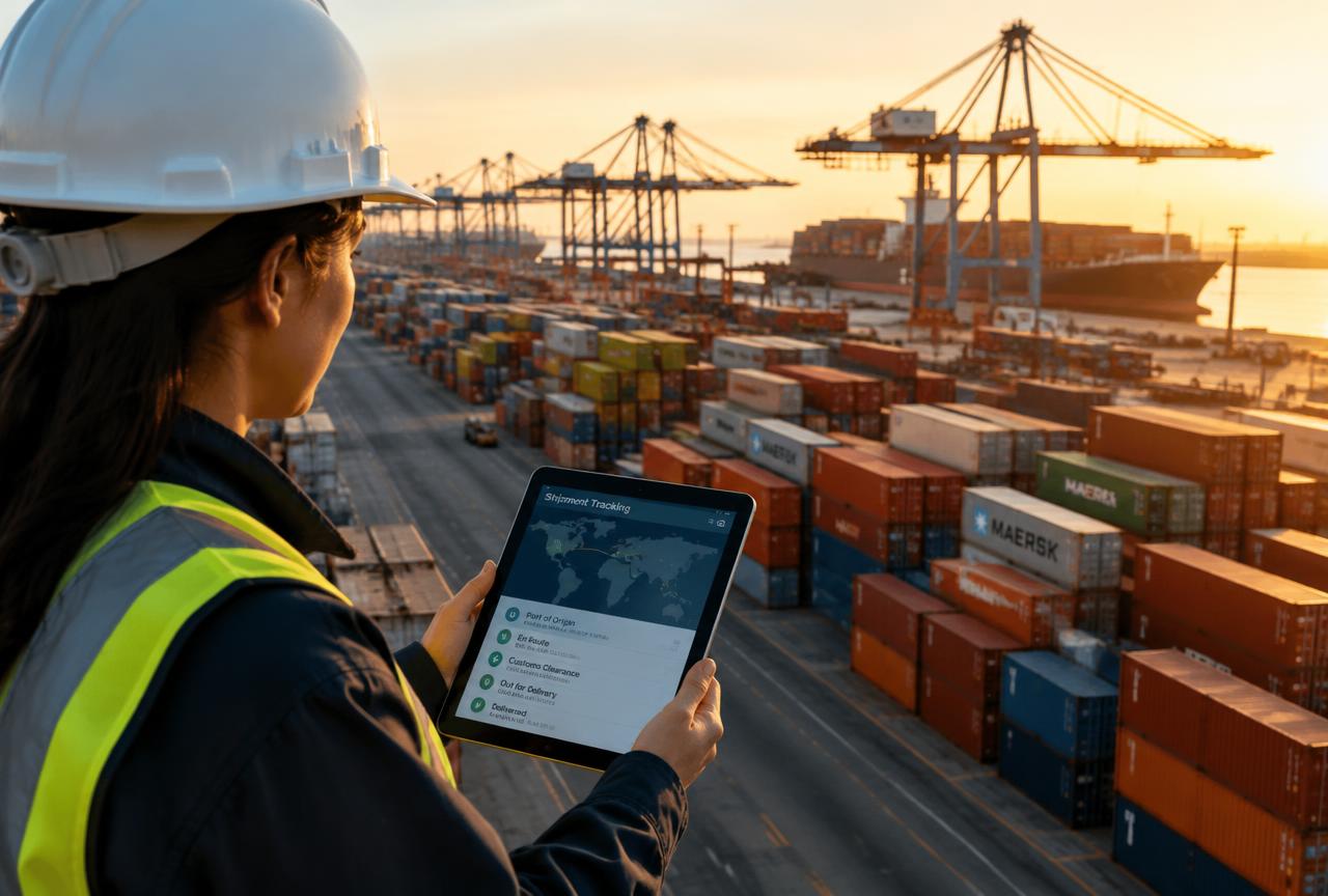 Supervisora haciendo seguimiento de contenedores de exportación en una terminal portuaria