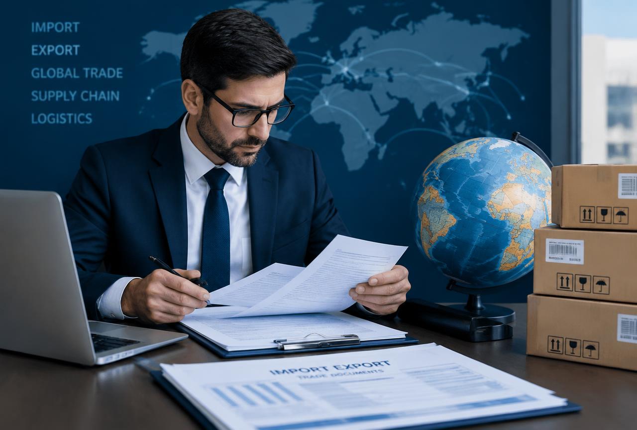 Especialista revisando documentos de comercio internacional junto a un globo terráqueo