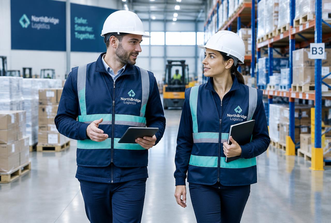 Profesionales de logística recorriendo un almacén con cascos y chalecos