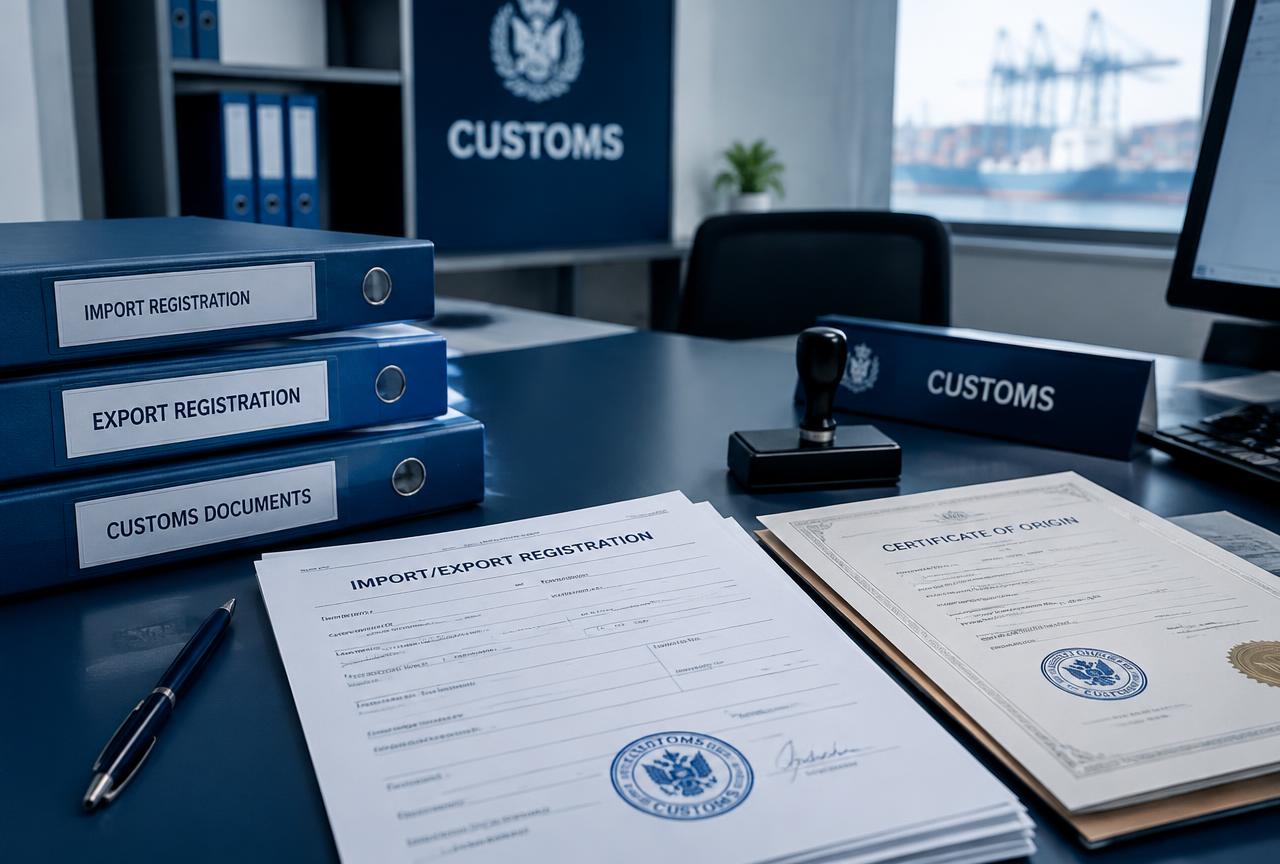 Carpetas de registro de importación y exportación en una mesa de aduana